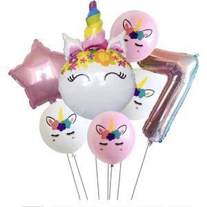 Unicorn Ballonnen Set - 7 Jaar - 7 Stuks - Kinder Verjaardag - Thema Feest Unicorn - Eenhorn Kinderfeestje - Feestversiering / Verjaardag Ballonnen - Eenhoorn / Paarden - Meisjes Versiering - Roze Ballonnen Verjaardag - Witte ballonnen - Helium
