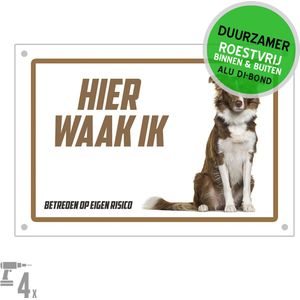 Waakbord Dibond + boorgaten | Bordercollie ""Hier waak ik"" | 30 x 20 cm | Border Collie | Bruin | Duurzaam | Roestvrij bord | Hond | 1 stuk