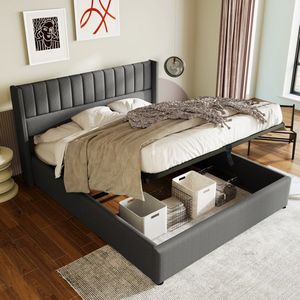 Sweiko Hydraulisch Tweepersoons Bed 160x200cm, houten lattenbod, bed met metalen frame lattenbod, linnen, grijs
