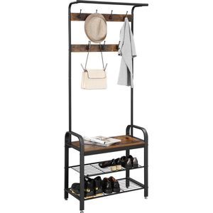 Hoppa! Kapstok | Garderoberek Staand | Schoenenrek | Industrieel Vintage | Hout Metaal Design | 9 Haken - 72x34x183 cm (BxDxH)