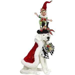 Mark Roberts Santa - Kersthond met elf - decoratiebeeld - wit zwart rood groen - 77cm - Collector's Item