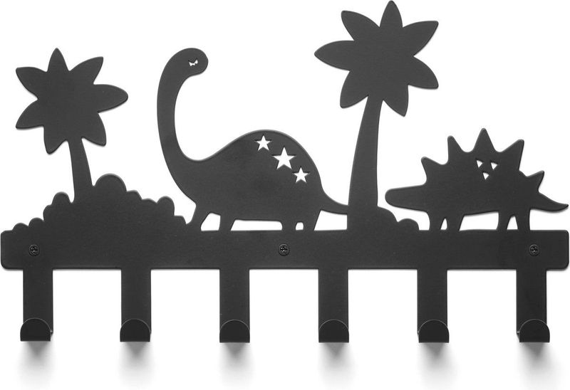 TOJ 6 Haaks Kinderkapstok - Kinder Kamer Kapstok - Wandkapstok - RVS - 40CM - Dino / Jungle Stijl - Mat Zwart