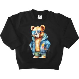 Sweater kind beer - Trui met print - Zwart - Stoere Sweater beer met spijkerjas en zonnebril - Maat 80