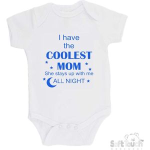100% katoenen Romper ""I have the coolest mom She stays up with me all night"" Jongens Katoen Wit/blauw Maat 62/68