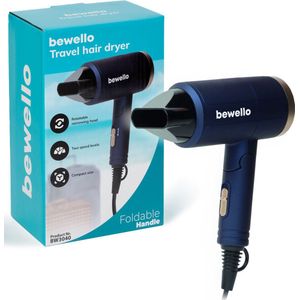 Bewello - Compacte Föhn - Reis Haardroger - Blauw/Goud - Draaibare mond - Lichtgewicht - 2 Droogstanden