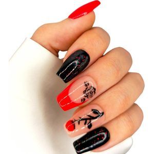 SD Press on Nails - No. 153 No Love - Plaknagels - Gelnagels - Handgemaakt - 20 stuks - Rood - Zwart - French - Rozen - Gellak - Nagellak - Medium Coffin - Nail Art - Handmade - Valse nagels - Accessoires - Cosplay