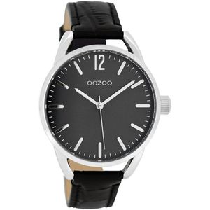 OOZOO Timepieces - Zilverkleurige horloge met zwarte leren band - C8339