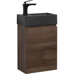 Badplaats Toiletmeubel Angela 40 x 22 cm - Bruin Eiken - Fonteinmeubel met Zwarte Wastafel