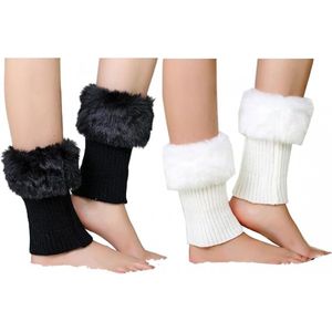 Set van 2 - Boot Cuff Sokken - Wintergebreide sokken - One Size Fits All - Damesbeenwarmers - Laarzen - Bootcovers - Thermische sokken - Korte wollen sokken - Kerst harige voetsokken - Zwart/Wit