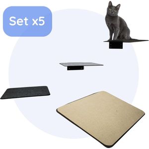 Hilvard – Katten muur plankjes klim – 5 stuks - Krabplank – Katten klimmuur –Beige Vilt - Zwart - Kat Klim Wand - Klimmuur kat – Kattenplanken voor de muur - 20 x 24 cm