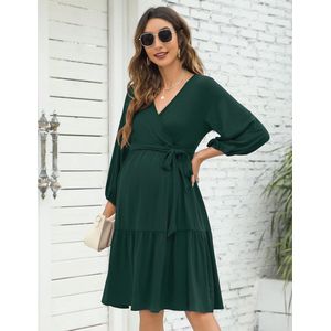 Zwangerschapsjurk V-Hals 3/4 Mouwen Met Riem - Elegante Voedingsjurk Voor Dames