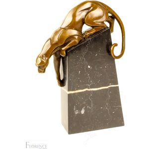 Panter beeld, Bronzen sculptuur op marmer basis, Art Deco decoratie, Decoratieve kunst