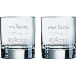 Gegraveerde set Whiskeyglazen 20cl Mr. Never wrong - Mrs. Never wrong