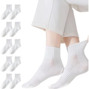 5 paar witte sportsokken, enkelsokken, dames fitnesssokken, katoenen damessokken, ademende sokken, compressiesokken, sokken voor dames, wit, Eén Maat