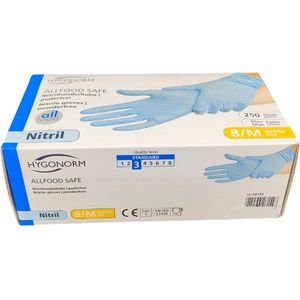 Hygonorm Nitril Handschoenen Maat M – Blauw – 250 Stuks – Poedervrij – Allfood Safe – Wegwerphandschoenen voor Voedselverwerking en Hygiëne