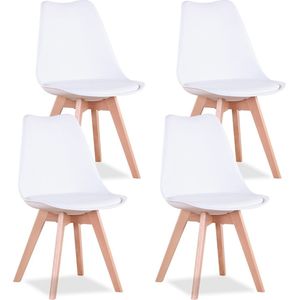 Manzibo Set van 4 Eetkamerstoelen - Eetkamerstoel - Met kussen - Met gestoffeerde zitting - Leer - Houten poten - 4 stoelen - Voor keuken of huiskamer - Wit