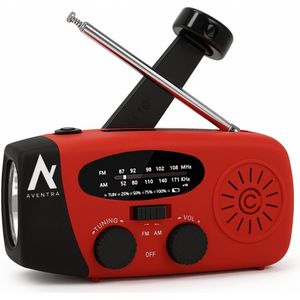 Aventra Noodradio - Noodradio Solar Opwindbaar - Draagbare Radio met Stroom - Opwindbaar met Accu en Solar – Powerbank Zonneenergie - 2000 mAh Powerbank – AM/FM Radio - Met Zaklamp - Noodpakket en Noodrantsoen - Rood