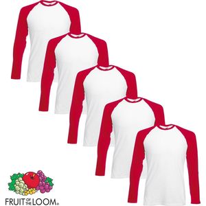 5 pack Fruit of the Loom Longsleeve T-shirts Rood Wit