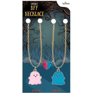 Bixorp Friends Vriendschapsketting voor 2 met Roze & Blauwe Spookjes - Magnetisch Hartje BFF Ketting - Koppel Ketting Cadeau - Goud - 45+5cm