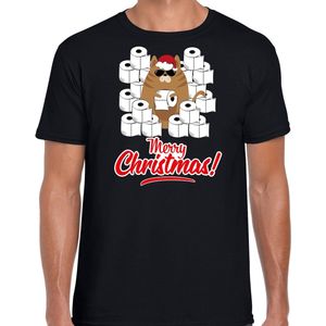 Fout Kerstshirt / Kerst t-shirt met hamsterende kat Merry Christmas zwart voor heren- Kerstkleding / Christmas outfit L