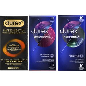 Durex - 30 stuks Condooms - Intensity 10st Nieuwste generatie ultradun, gedeelde lichaamswarmte - Orgasm Intense met Stimulerende Gel 10st - Performa vertragende effect 10st - Voordeelverpakking