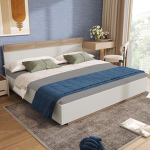 Sweiko Tweepersoonsbed, 160x200cm Houten bed, met Hoofdeinde, Flat noedles frame 205x164x90.5cm (L/W/H) Eiken/Wit (geen matras)