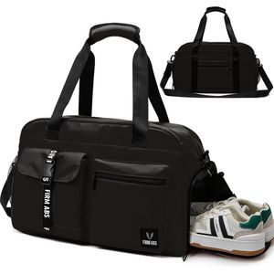 Sporttas voor dames en heren, reistas met schoenenvak, trainingstas met nat vak, waterdichte weekendtas, kan worden gebruikt als gymtas/zwemtas/saunatas, zwart, Sportief
