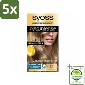 5 x SYOSS - Oleo Intense 8-50 - Haarverf - Permanente Haarkleuring - Natuurlijk Asblond - Langdurige Kleur - Grootverpakking - Permanente Haarkleuring - Haarkleur - Olie-formule - Grijsdekking - Arganolie