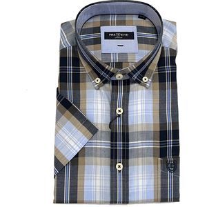Pre End Overhemd - korte mouw - blauw geruit - strijkvrij - regular fit - Maat M