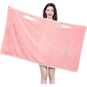 Damesbadjas - Koraalfleece badhanddoek - Dames douche spa wrap - 150*80cm - Zacht en comfortabel - Verdikt waterabsorberend - Drukknoopsluiting - Met zakken - Off-the-Shoulder badjasjurk - Roze
