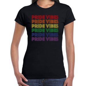 Bellatio Decorations Gay Pride T-shirt voor dames - pride vibes - zwart - regenboog - LHBTI XL
