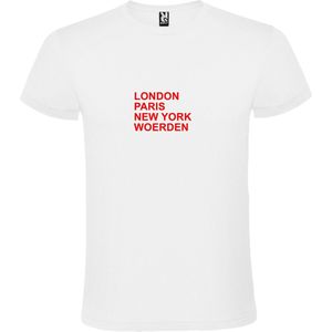 Wit T-Shirt met “ LONDON, PARIS, NEW YORK, WOERDEN “ Afbeelding Rood Size XS