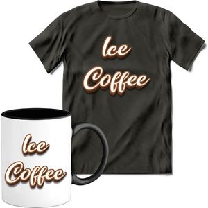T-Shirtknaller T-Shirt met Koffiemok | Ice Coffee - Koffie Kleding | Heren / Dames Shirt met Mok Cadeau | Kleur grijs | Maat XXL