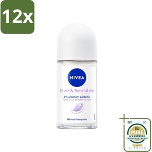 NIVEA - Deodorant Roller - Puur & Gevoelig - Anti-Transpirant - 50 ml - Voordeelverpakking - 12 stuks - Gevoelige huid - Deodorant roller