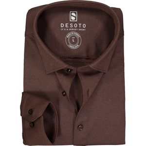 DESOTO slim fit overhemd - stretch pique tricot Kent kraag - donkerbruin - Strijkvrij - Boordmaat: 37/38