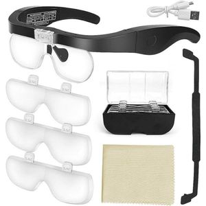 Loepbril – Vergrootglas Bril – Loepbril Met LED Verlichting - Vergrotende Bril Voor Leeshulp en Zichthulp – Vergrootbril – Loep Bril – Inclusief 4 Afneembare Lenzen