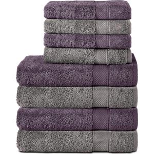 Set van 8 handdoeken van 100% katoen, 4 badhanddoeken 70x140 en 4 handdoeken 50x100 cm, badstof, zacht, groot, antraciet, grijs/violet