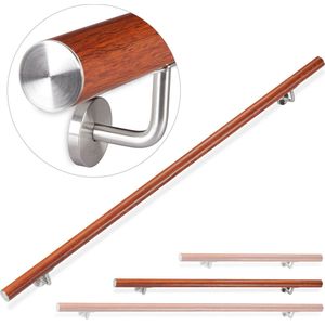 Relaxdays aluminium trapleuning - rond - voor binnen en buiten - beukenhout look - 150 cm - Ø 42 mm - met wandhouder - bruin