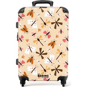 NoBoringSuitcases.com® - Kinderkoffer meisje - Kindertrolley meisjes - Insectenpatroon in beige, roze en oranje - Koffer kind groot - Rolkoffer lichtgewicht - Reiskoffer met 4 wielen - Grote trolley XL - 20 kg bagage