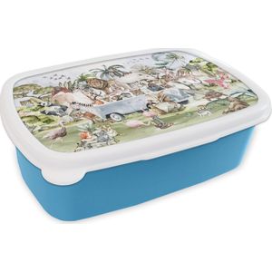 Broodtrommel Blauw - Lunchbox - Brooddoos - Jungle - Bus - Dieren - Kinderen - Planten - 18x12x6 cm - Kinderen - Jongen