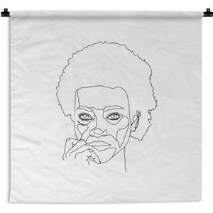 Wandkleed Line-art Vrouwengezicht - 24 - Illustratie vrouw met afro op een witte achtergrond Wandkleed katoen 150x150 cm - Wandtapijt met foto