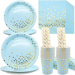 Blauw Goud Stippen Papier Feestservies - 80 stuks Wegwerpborden Servies Servetten Kopjes Rietjes - Verjaardagsfeestjes Babyborrels Picknick (20 gasten) .