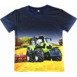 T-shirt met tractor, groene trekker, blauw, full colour print, kids, kinder, maat 122/128, stoer, mooie kwaliteit!
