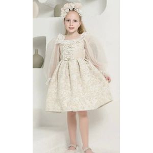 vintage feestjurk met haardiadeem-galajurk- jurk met lange mouwen-meisjes-bruiloft-fotoshoot-verjaardag-bloemenmotiefjes-kanten-borduursel-beige crème goud kleur-katoen-6 jaar