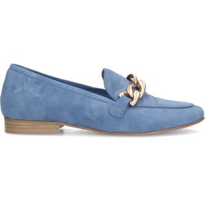 Manfield - Dames - Blauwe suède loafers met goudkleurige chain - Maat 37