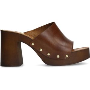 Sacha - Dames - Cognac leren muiltjes met houten hak - Maat 41