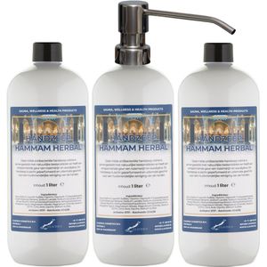Handzeep Hammam Herbal 1 liter - set van 3 stuks - met gratis RVS zilverkleurige pomp - Voordeelverpakking