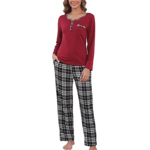 Pyjama met lange mouwen voor dames - V-hals pyjama's met geruite broek en zachte loungewear