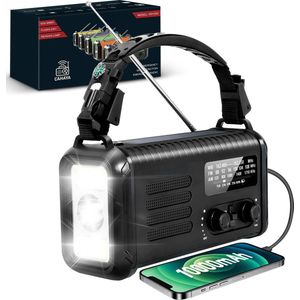 Cahaya - Noodradio op Zonne-energie – Black Friday ACTIE Noodradio - 10.000mAh Solar Powerbank – Solar & Opwindbaar – Geschikt voor Noodpakket & Survival – Met Zaklamp – Zwart