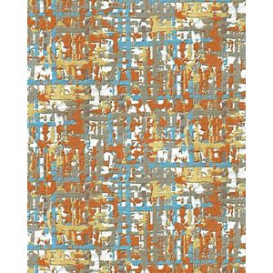 Textiel look behang Profhome DE120098-DI vliesbehang hardvinyl warmdruk in reliëf gestempeld in textiel look glanzend oranje geel blauw bruin 5,33 m2